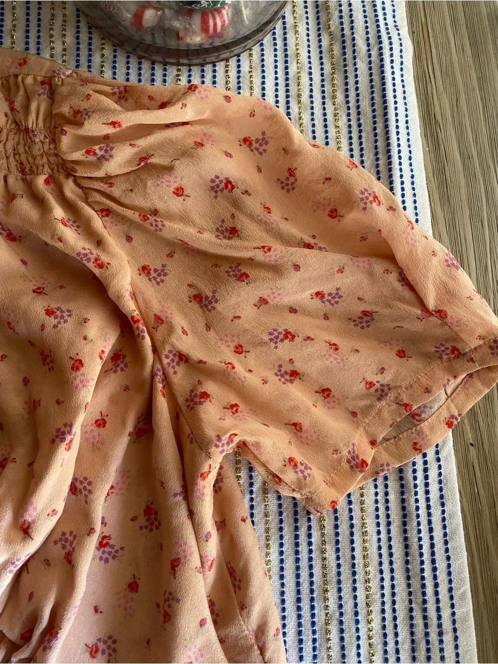 LoveShackFancy Peach Floral V‑Neck Peplum Blouse Silk Sz M